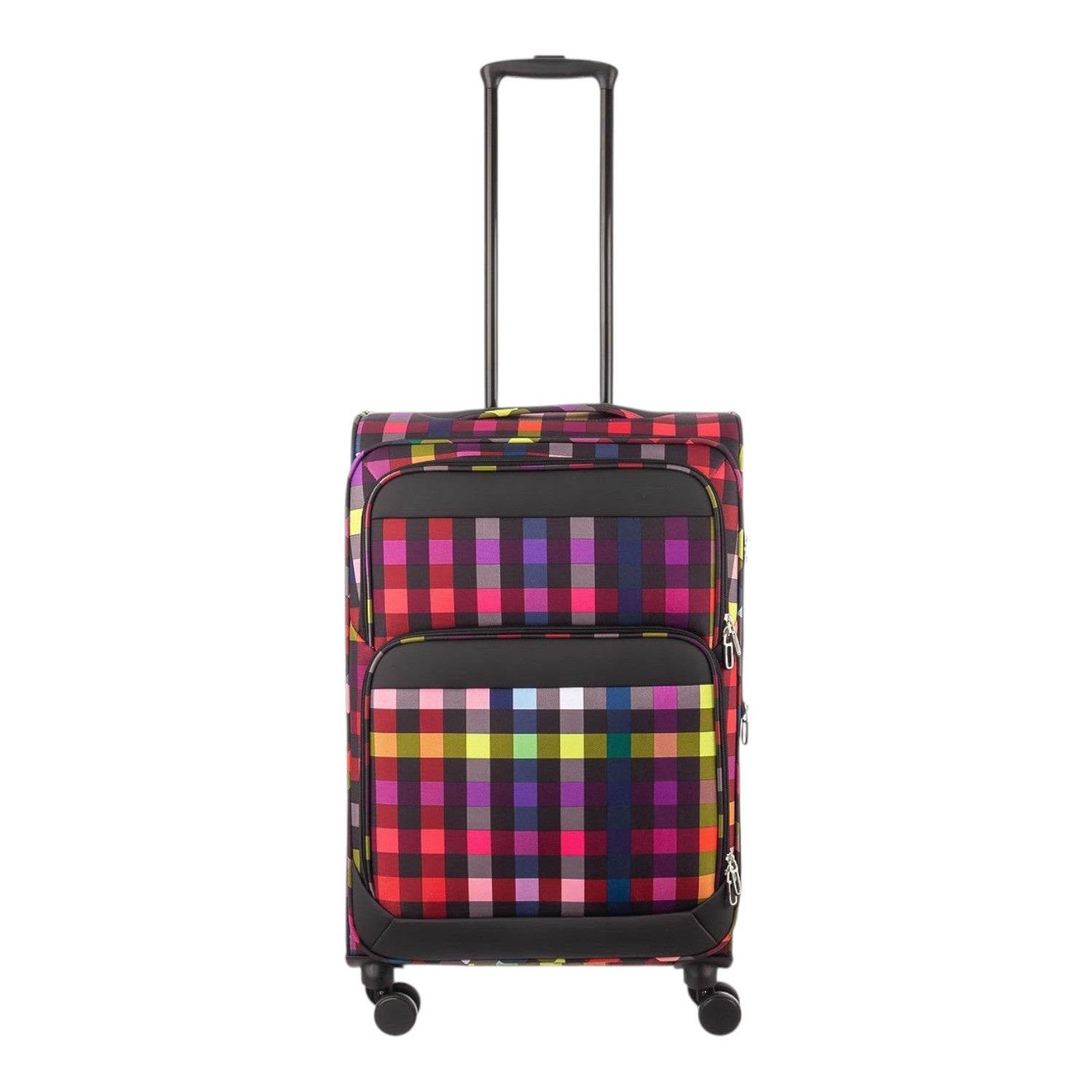 Lieblingstasche Lightstyler Spinner M suitcase in a vibrant multi-colored plaid pattern with front pockets and wheels.