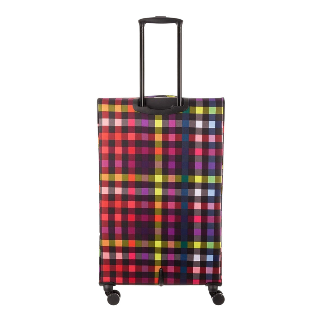 Lieblingstasche Lightstyler Spinner L suitcase featuring a vibrant multi-colored plaid pattern and telescopic handle