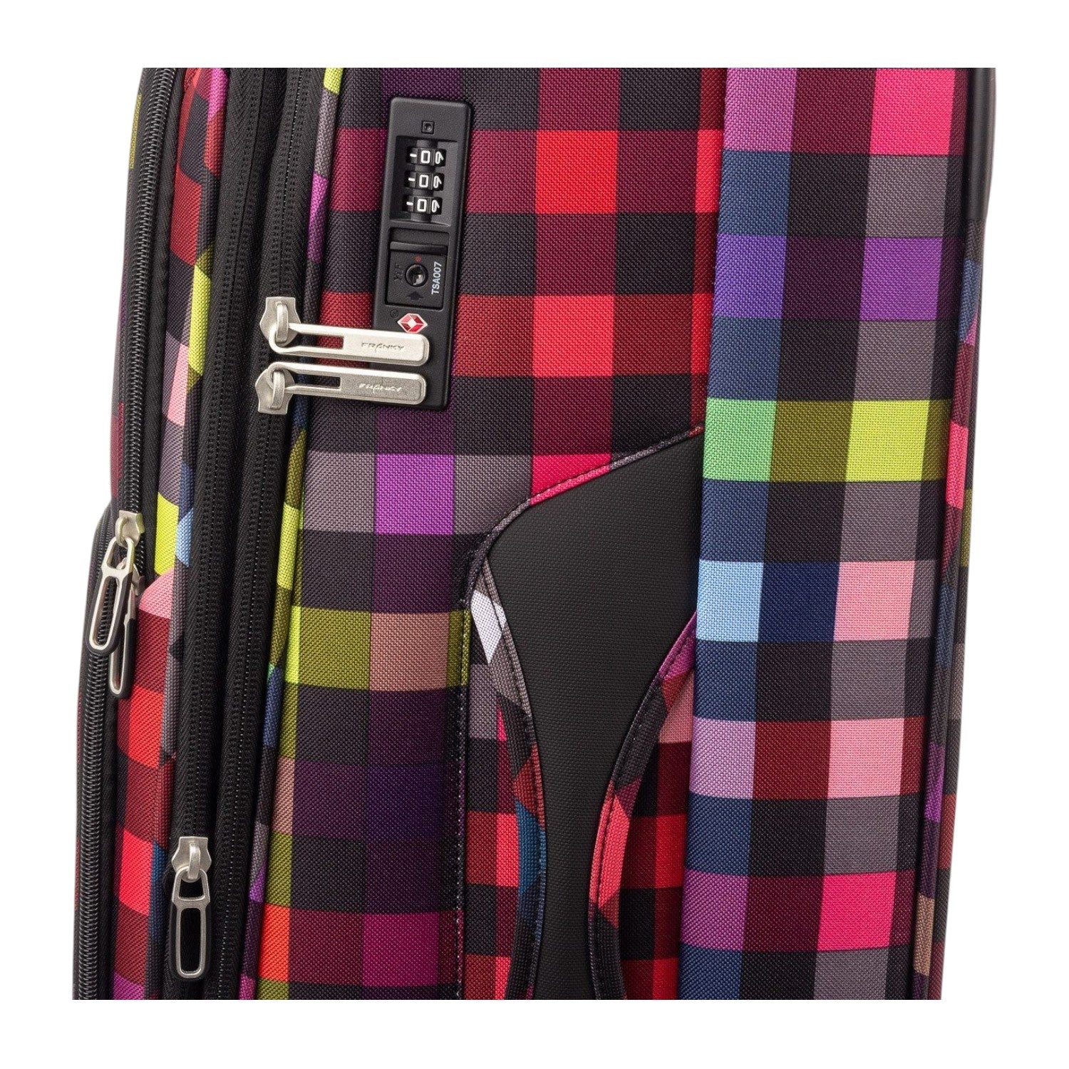 Lieblingstasche Lightstyler Spinner M suitcase featuring a vibrant multi-colored plaid pattern and TSA lock.
