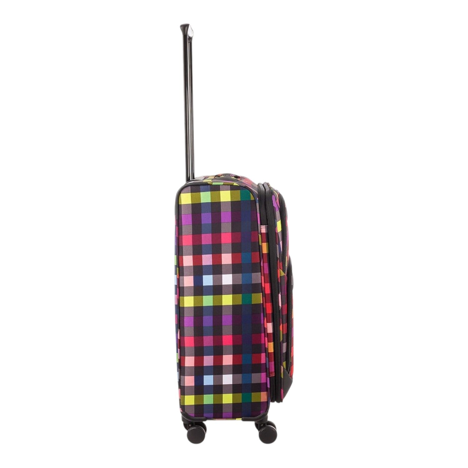 Lieblingstasche Lightstyler Spinner M suitcase in a vibrant multi-colored plaid pattern with a side view