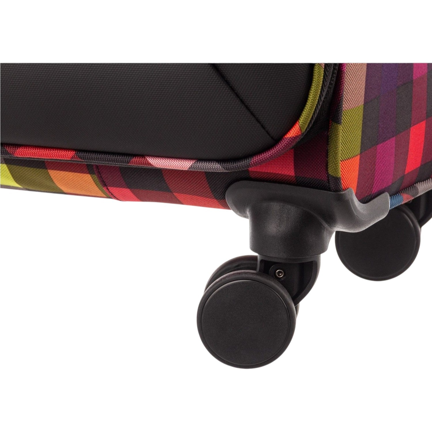 Lieblingstasche Lightstyler Spinner L suitcase featuring a vibrant multi-colored plaid pattern and black wheels