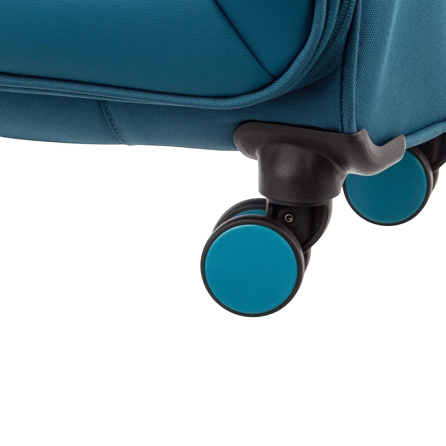 Close-up of the teal fabric and smooth-rolling spinner wheels on a Lieblingstasche Lightstyler Spinner M suitcase.