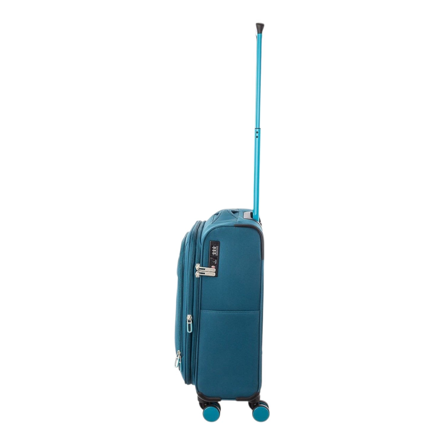Lieblingstasche Lightstyler cabin spinner suitcase in teal with a telescopic handle and side view.