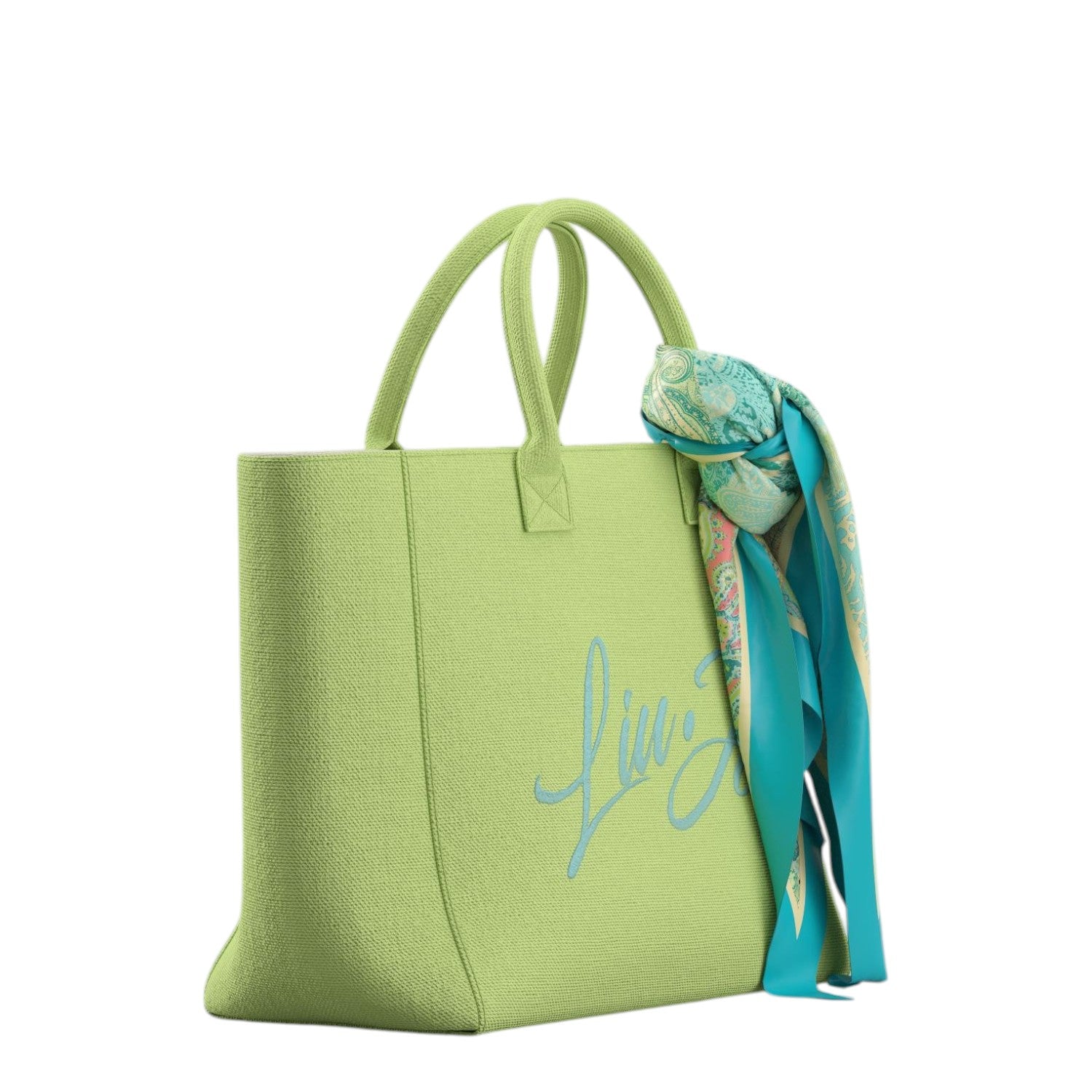 Lieblingstasche Tote L in lime green textured fabric with a decorative blue and green patterned silk scarf