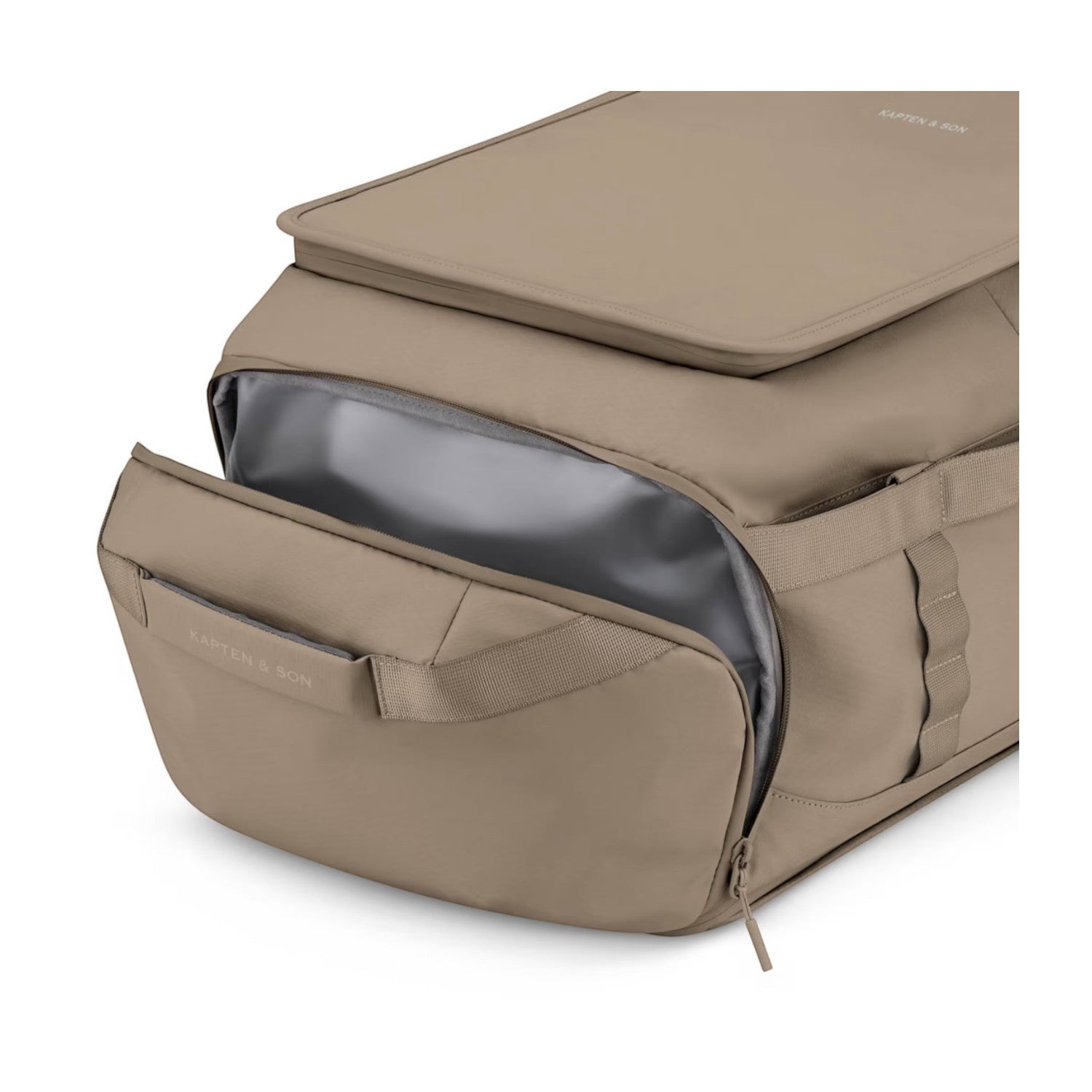 Lieblingstasche Lisbon Duffle Backpack L in beige with a partially open side compartment and durable fabric.