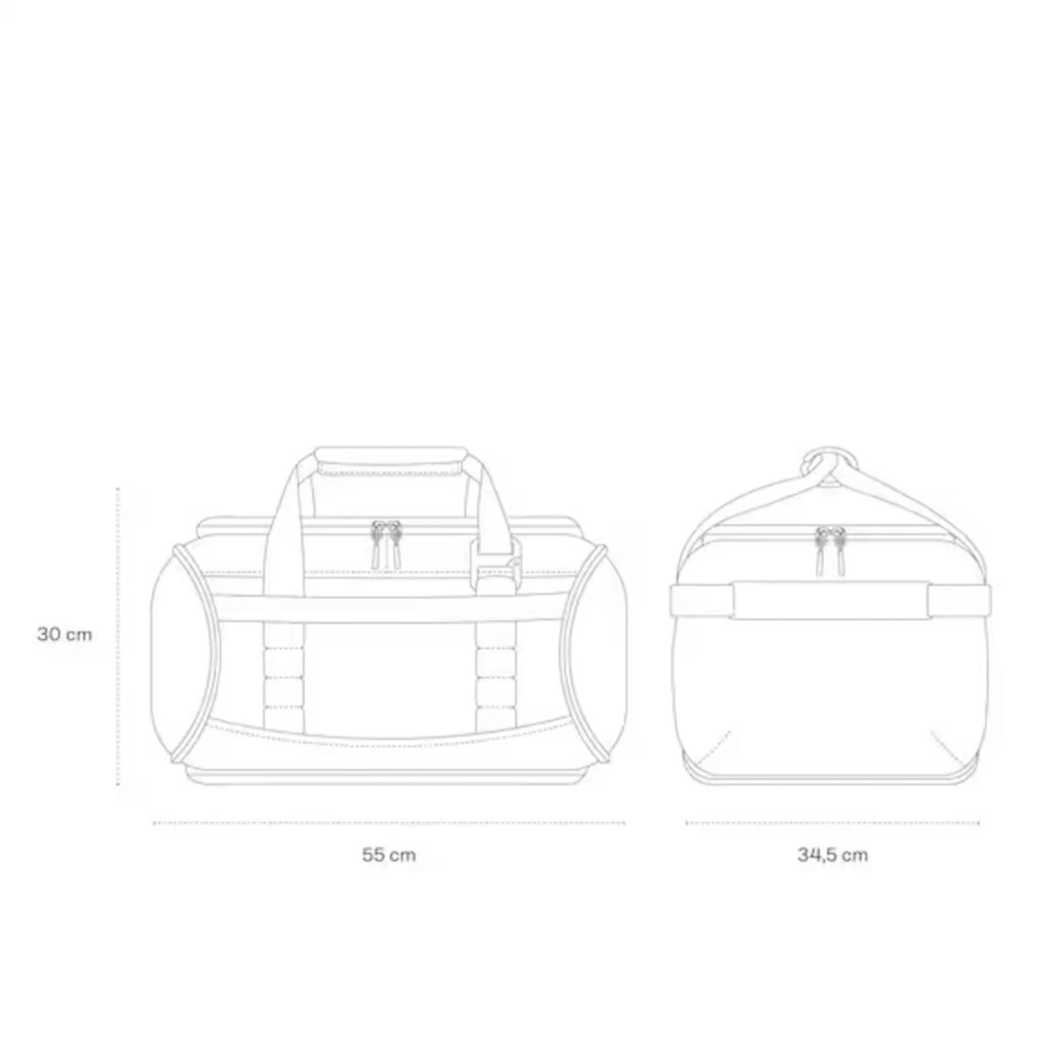Lieblingstasche Lisbon Duffle Backpack M technical line drawing showing front and side dimensions in centimeters.
