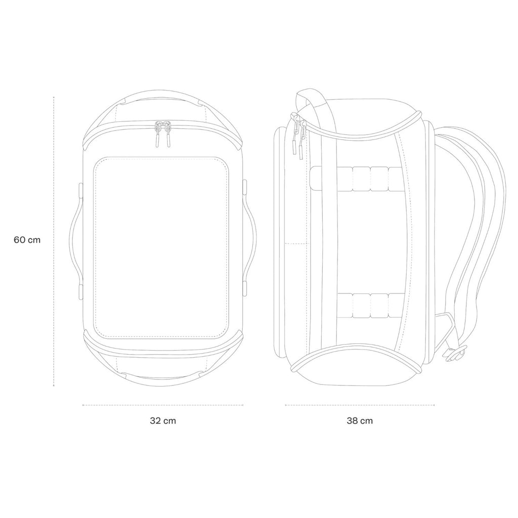 Lieblingstasche Lisbon Duffle Backpack L technical line drawing showing front and side dimensions of 60cm by 38cm.