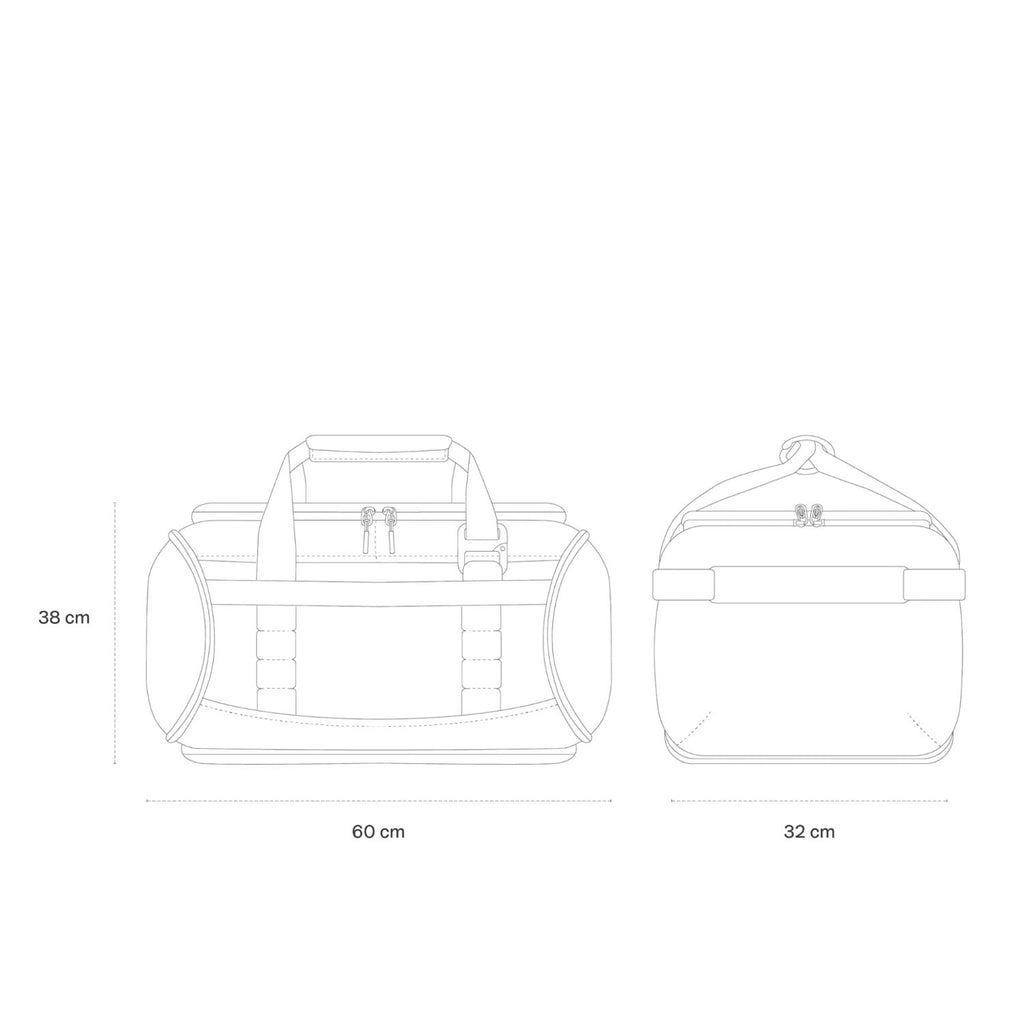 Lieblingstasche Lisbon Duffle Backpack L technical line drawing showing front and side dimensions