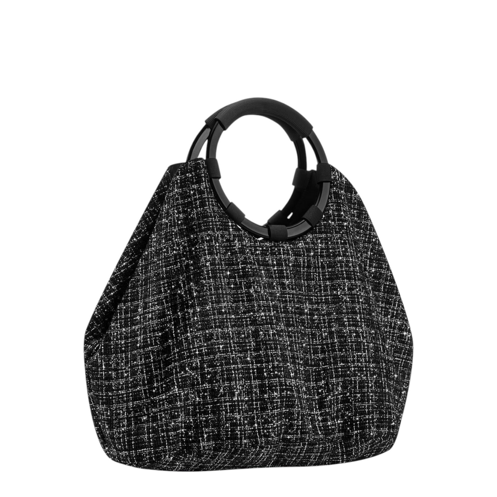 Lieblingstasche Loopbag Hobo in black and white textured fabric with a round black handle
