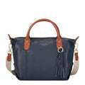 Lieblingstasche Lucia M navy blue leather handbag with tan handles and a tassel detail.