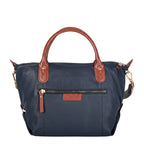 Lieblingstasche Lucia M navy blue leather tote bag with brown leather handles and trim, gold hardware, and zip pocket.