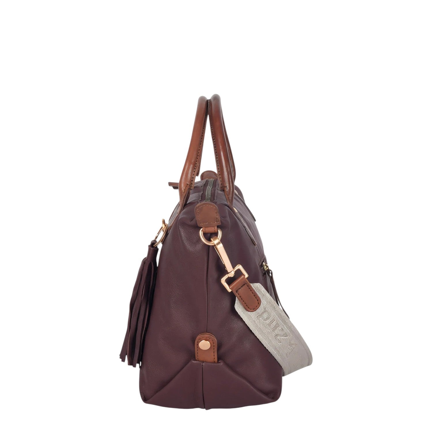 Lieblingstasche Lucia M deep purple leather handbag with brown handles, tassel detail and branded strap.
