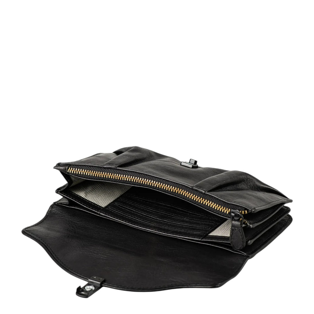 Lieblingstasche Mabel black leather clutch bag with gold zipper and turn-lock closure, open view