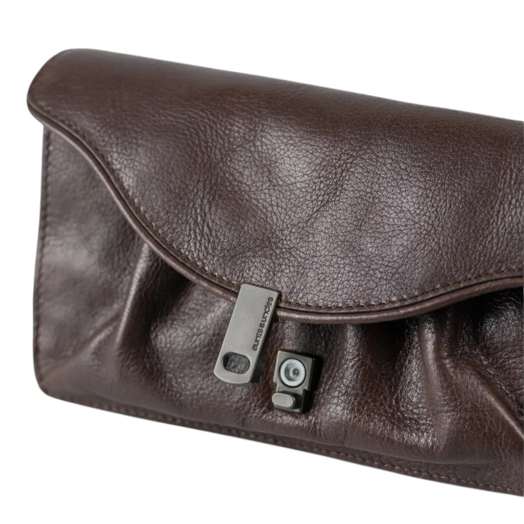 Lieblingstasche Mabel dark brown leather clutch with a unique metal clasp closure and soft gathered texture