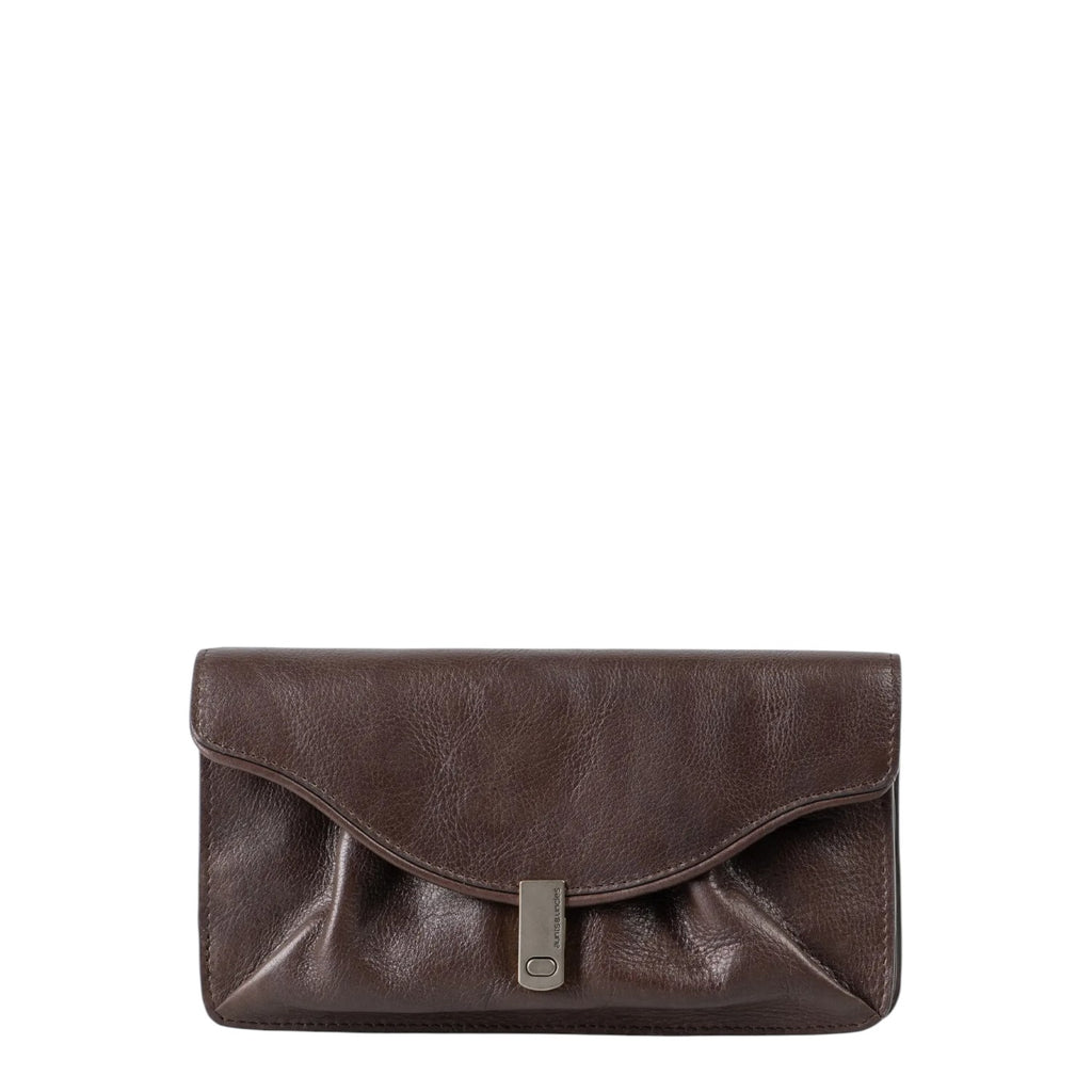 Lieblingstasche Mabel dark brown leather clutch bag with a fold-over flap and silver metal clasp closure