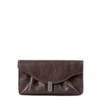 Lieblingstasche Mabel dark brown leather clutch bag with a fold-over flap and silver metal clasp closure