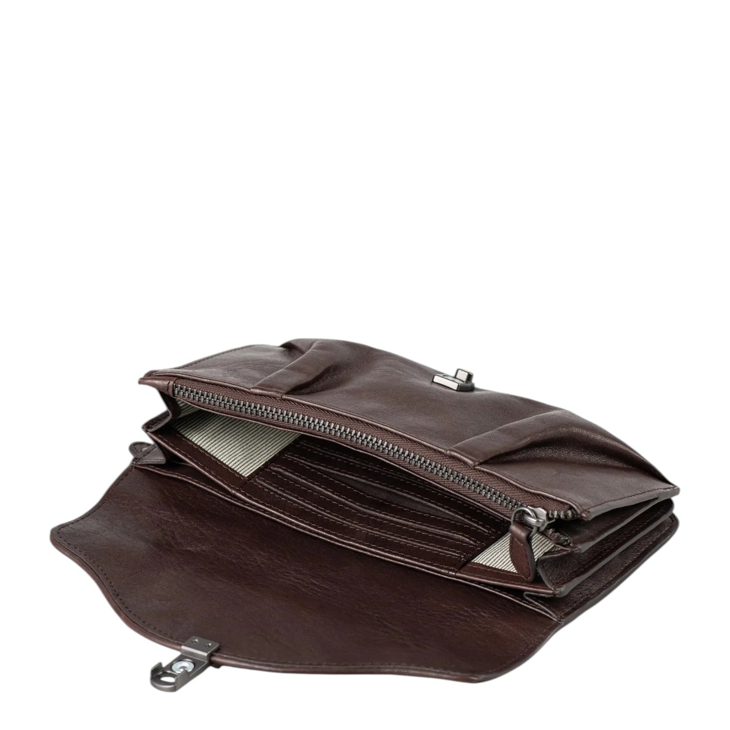 Lieblingstasche Mabel dark brown leather wallet with open interior compartments and metal clasp closure