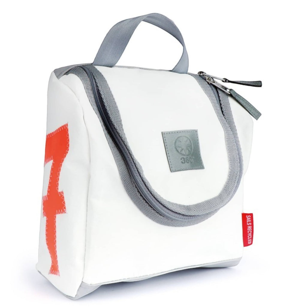 Lieblingstasche Matrose XL toiletry bag made from white recycled sailcloth with red sail detail and grey trim