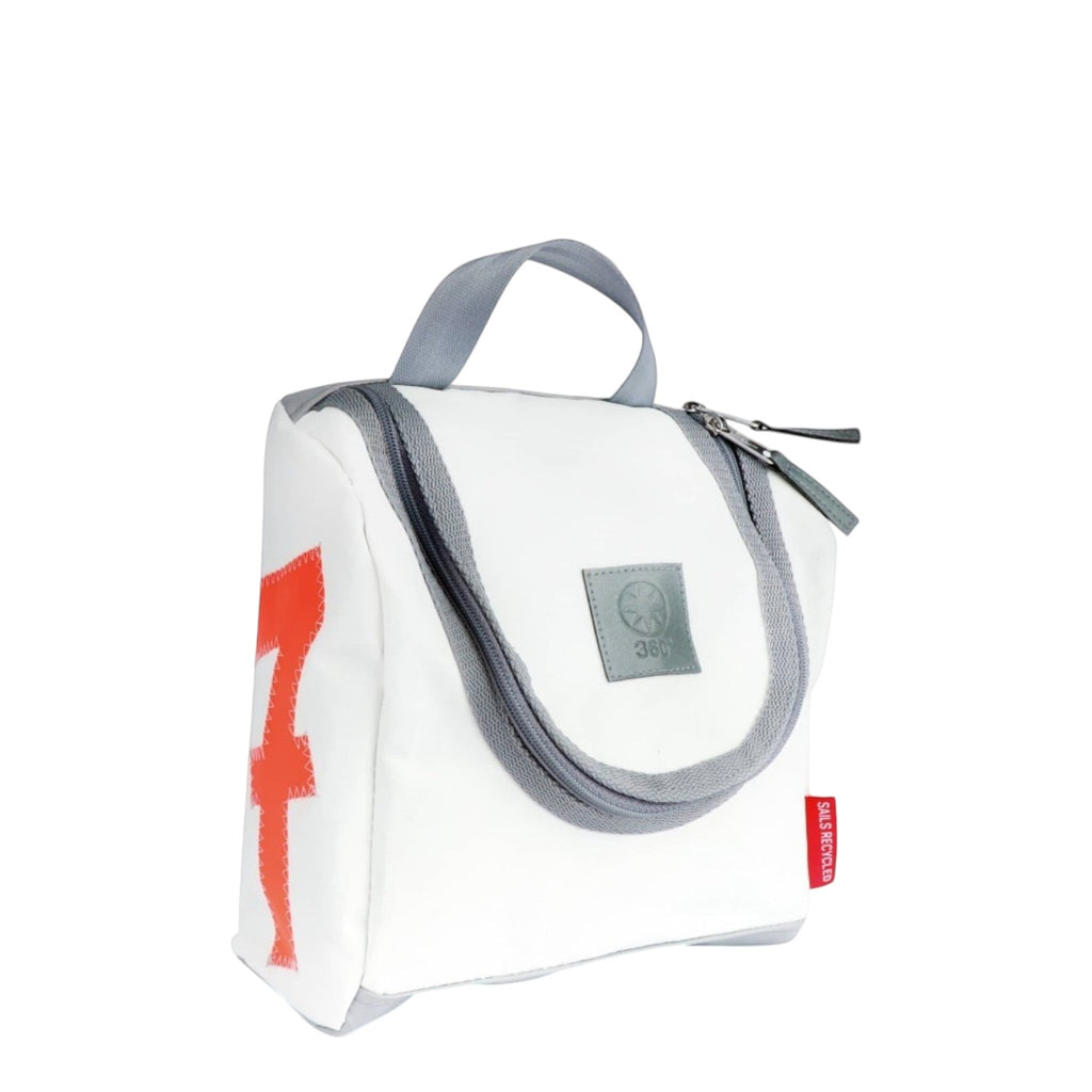 Lieblingstasche Matrose XL toiletry bag made from white recycled sailcloth with red sail detail and grey trim