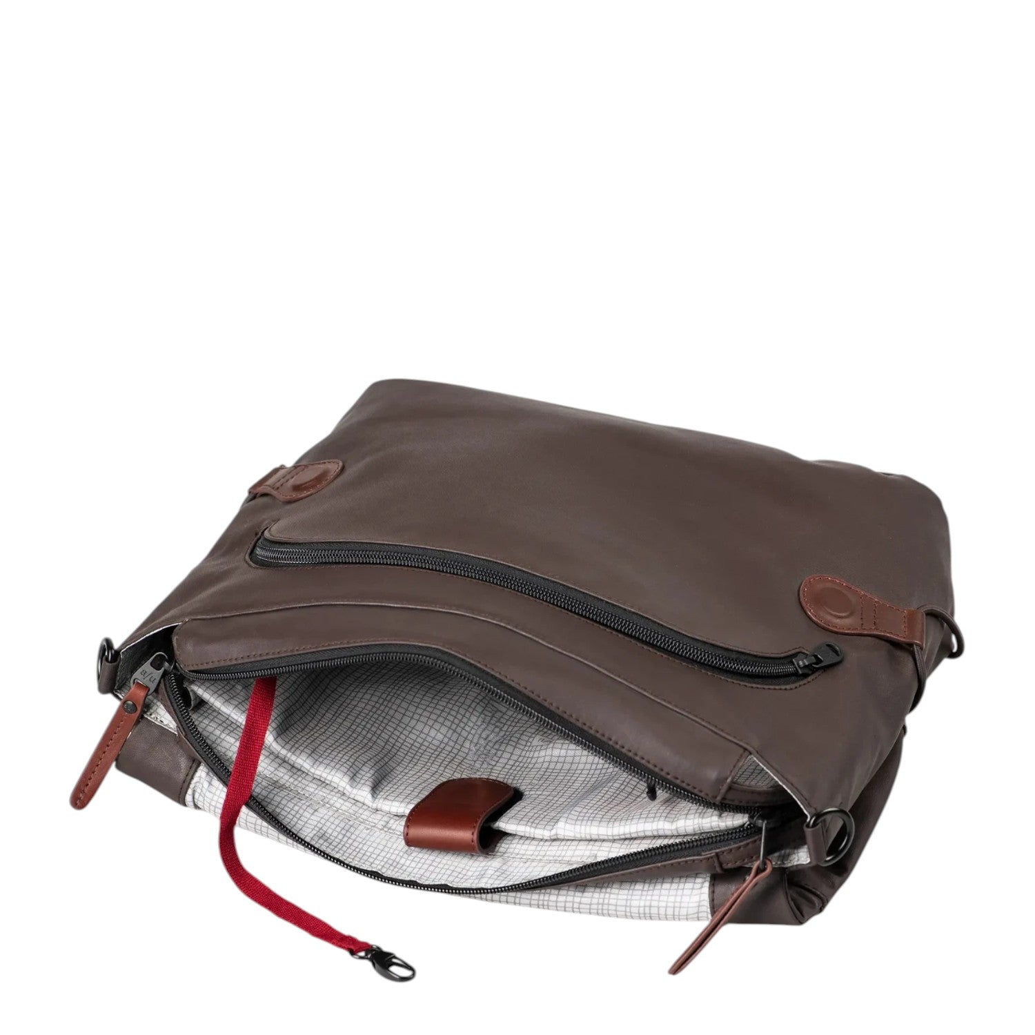 Lieblingstasche Matsumoto brown leather crossbody bag with open zippered compartment and checkered interior lining