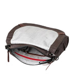 Lieblingstasche Matsumoto brown leather messenger bag with open flap showing grey grid interior and red zip pocket