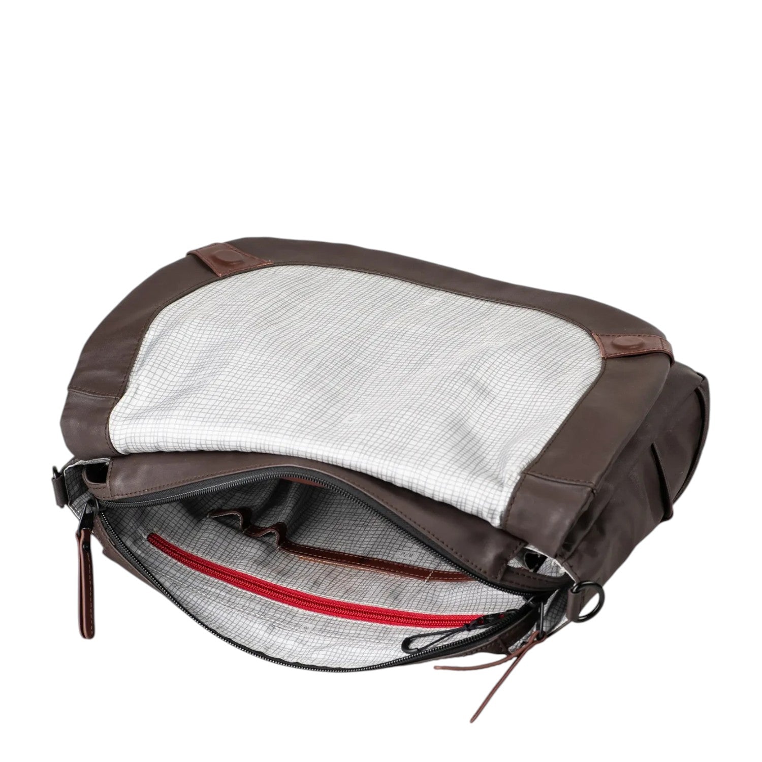 Lieblingstasche Matsumoto brown leather messenger bag with open flap showing grey grid interior and red zip pocket