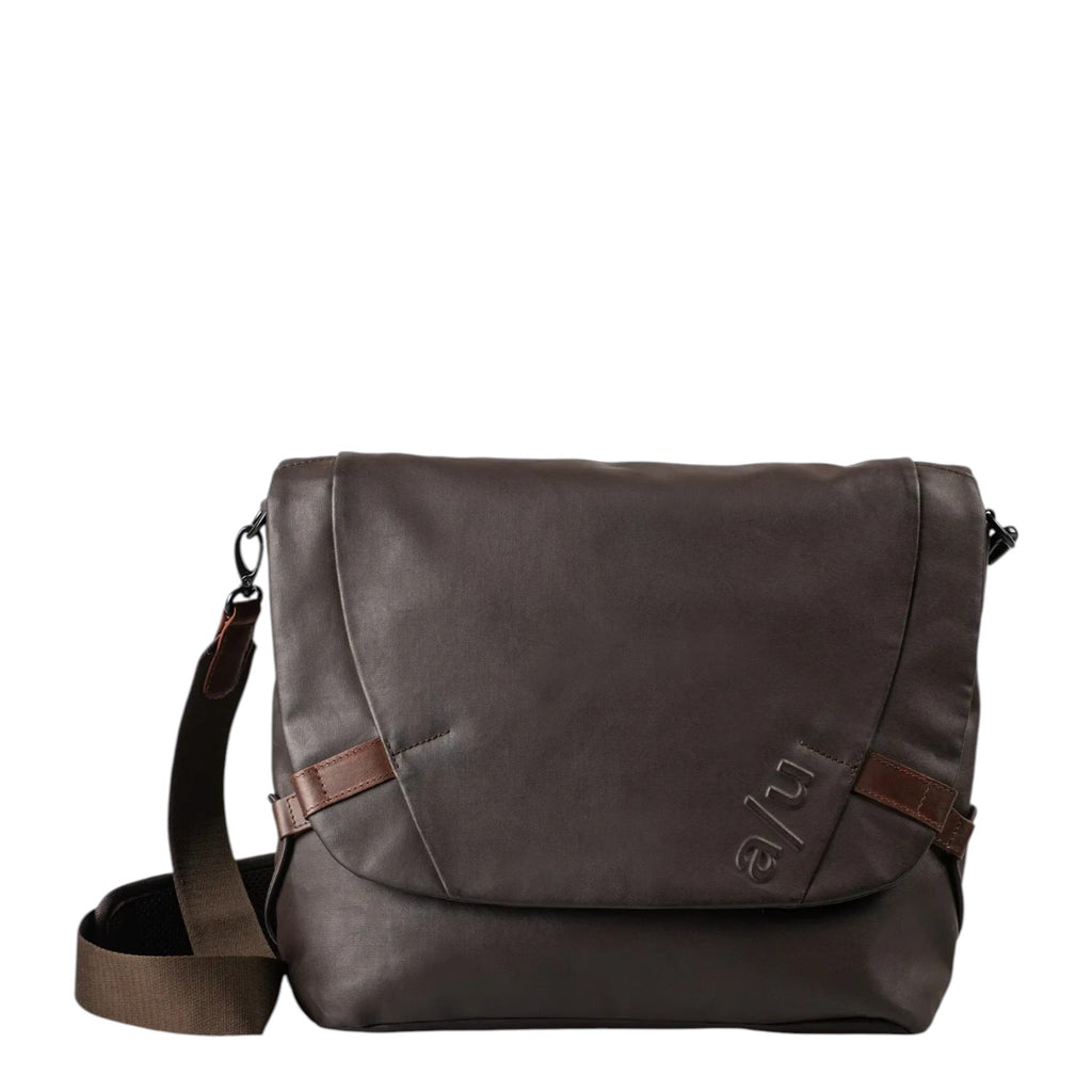 Lieblingstasche Matsumoto dark brown leather messenger bag with adjustable shoulder strap and embossed logo detail