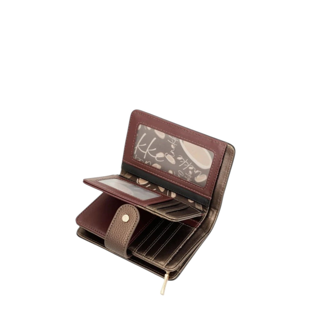 Lieblingstasche bifold wallet in metallic bronze and dark burgundy with multiple card slots and ID window