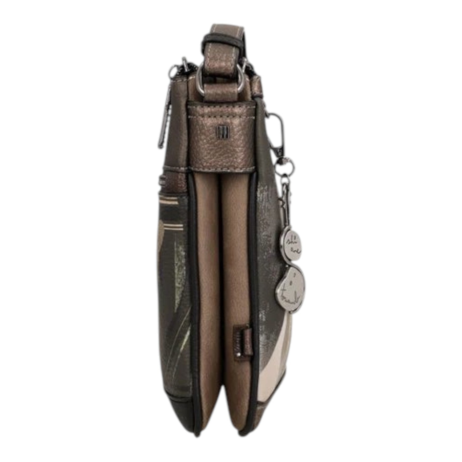 Lieblingstasche cross-body bag in metallic bronze and dark grey with decorative charms, side profile view