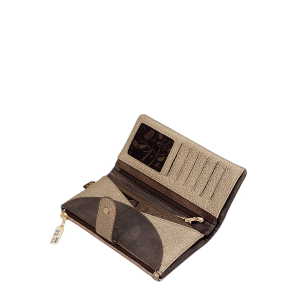 Lieblingstasche wallet in metallic gold and dark brown leather with multiple card slots and a snap button closure