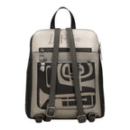 Lieblingstasche backpack in metallic silver and black with a graphic print, adjustable straps, and zipper pockets.