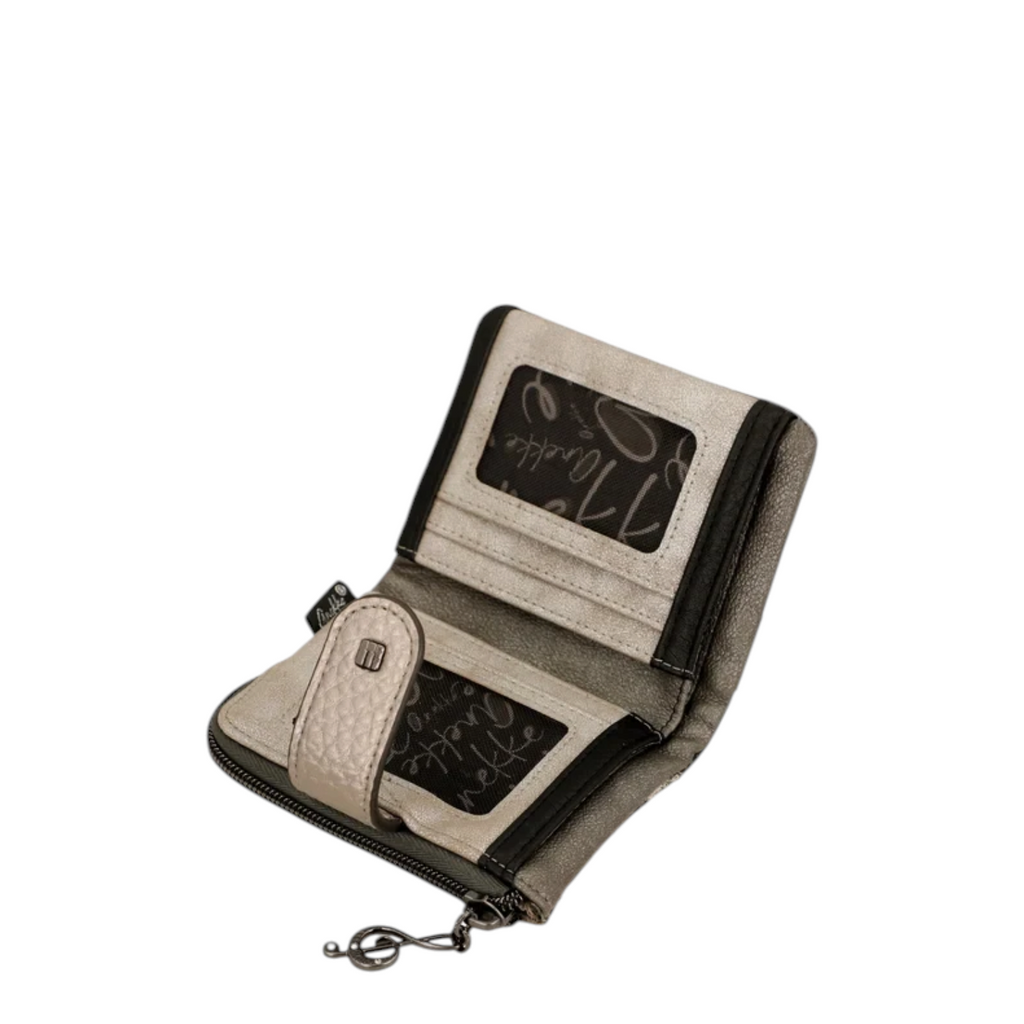 Lieblingstasche wallet in metallic grey with black trim, featuring card slots, a clear ID window, and zip closure.