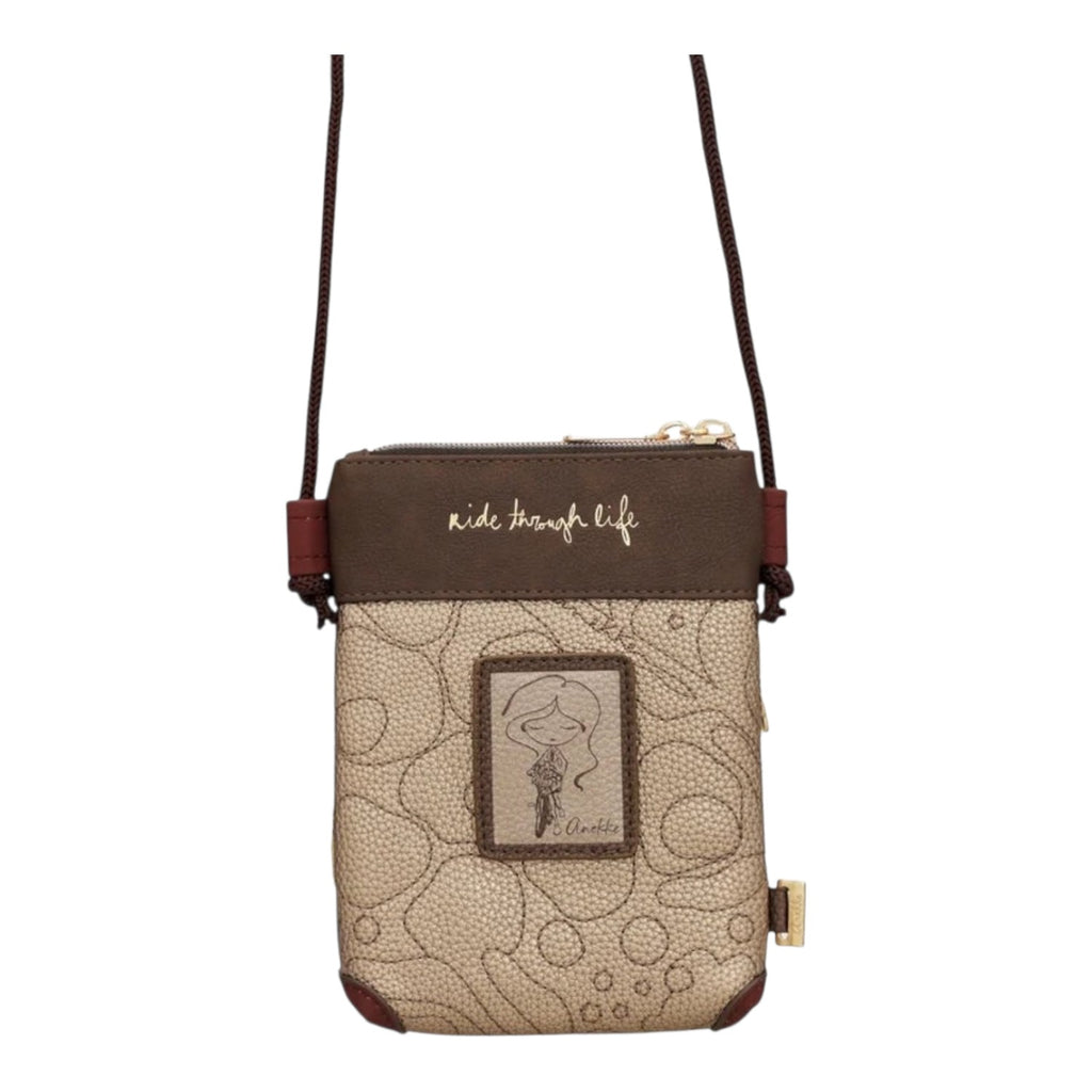 Lieblingstasche mini cross-body bag in beige and brown with Anekke character embroidery and ride through life text