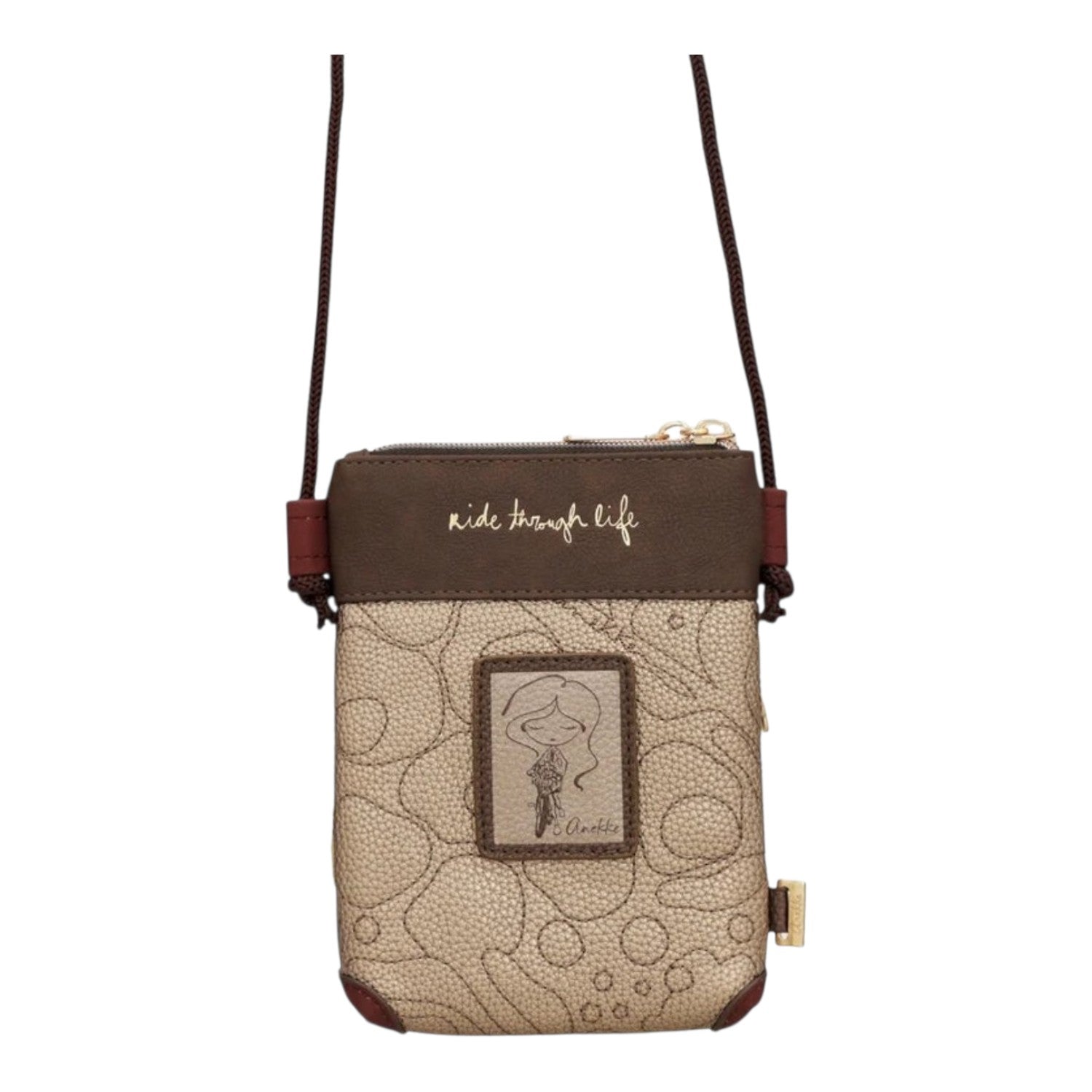 Lieblingstasche mini cross-body bag in beige and brown with Anekke character embroidery and ride through life text