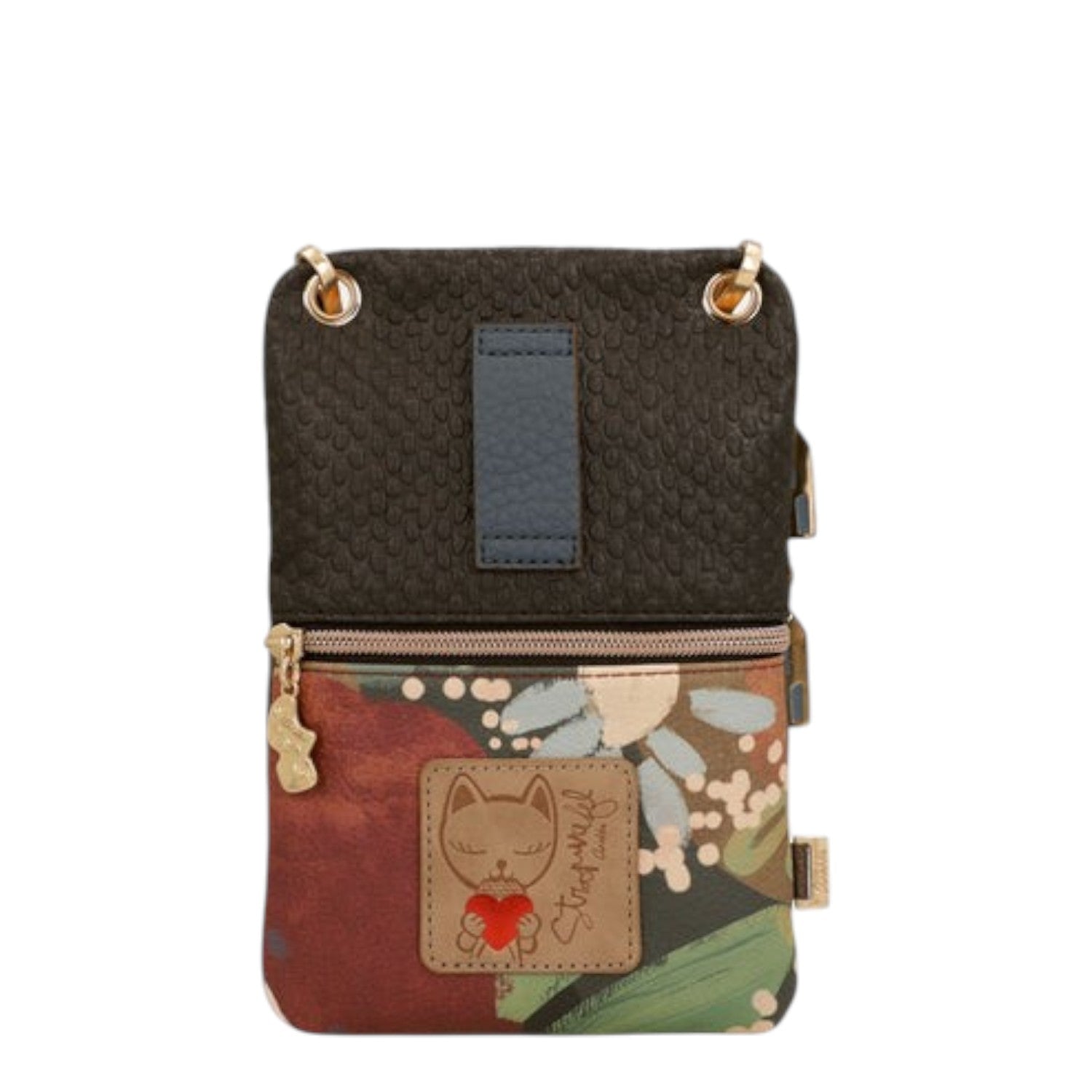 Lieblingstasche mini cross-body bag featuring a dark textured top, floral pattern bottom, and a cat heart patch.