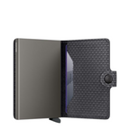 Lieblingstasche Miniwallet Pyramid featuring a grey metallic card protector and black textured leather interior