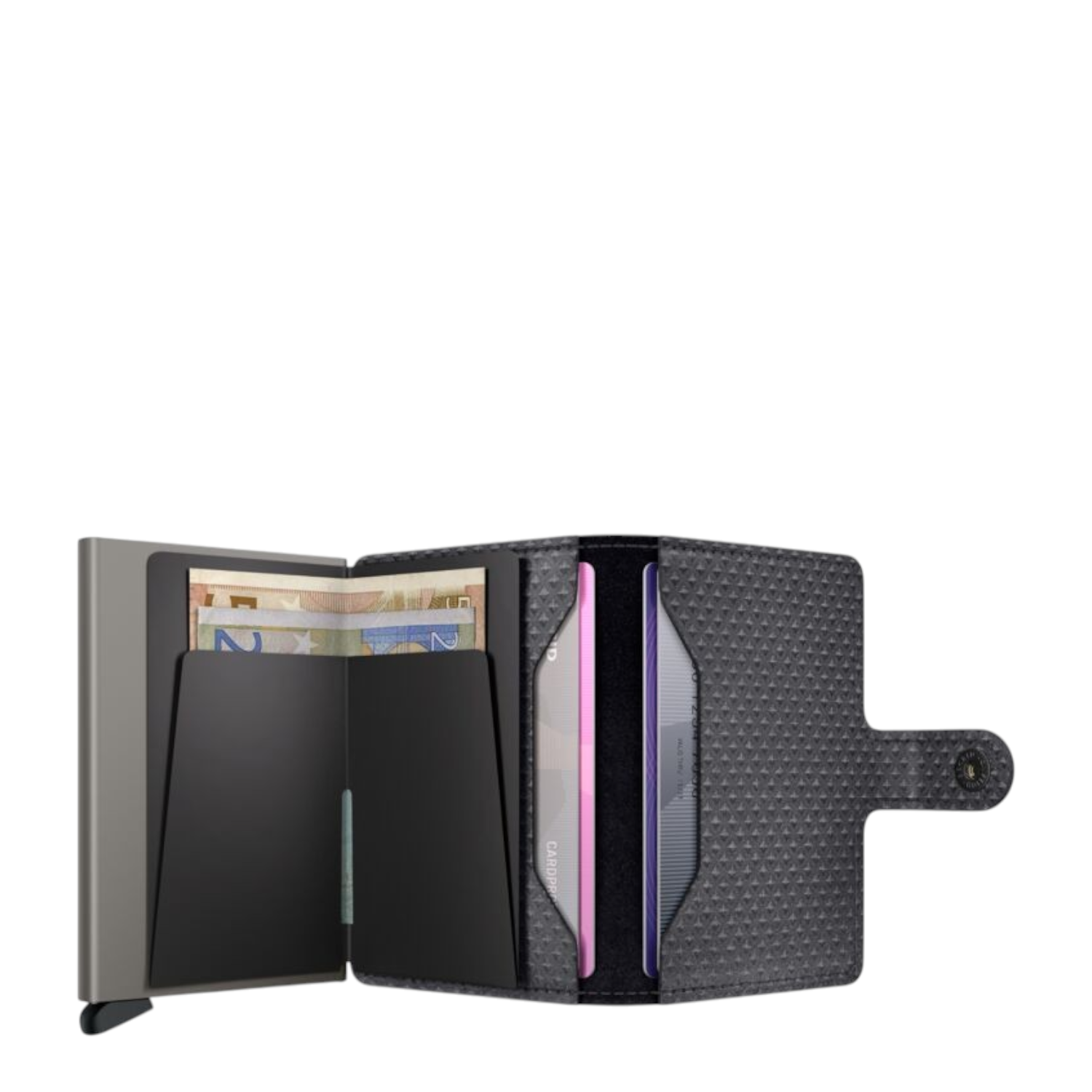 Lieblingstasche Miniwallet Pyramid featuring a grey geometric textured leather cover and a metal card holder.