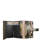 Lieblingstasche Miniwallet Serpent with green and brown snakeskin pattern, open view showing card slots and cash