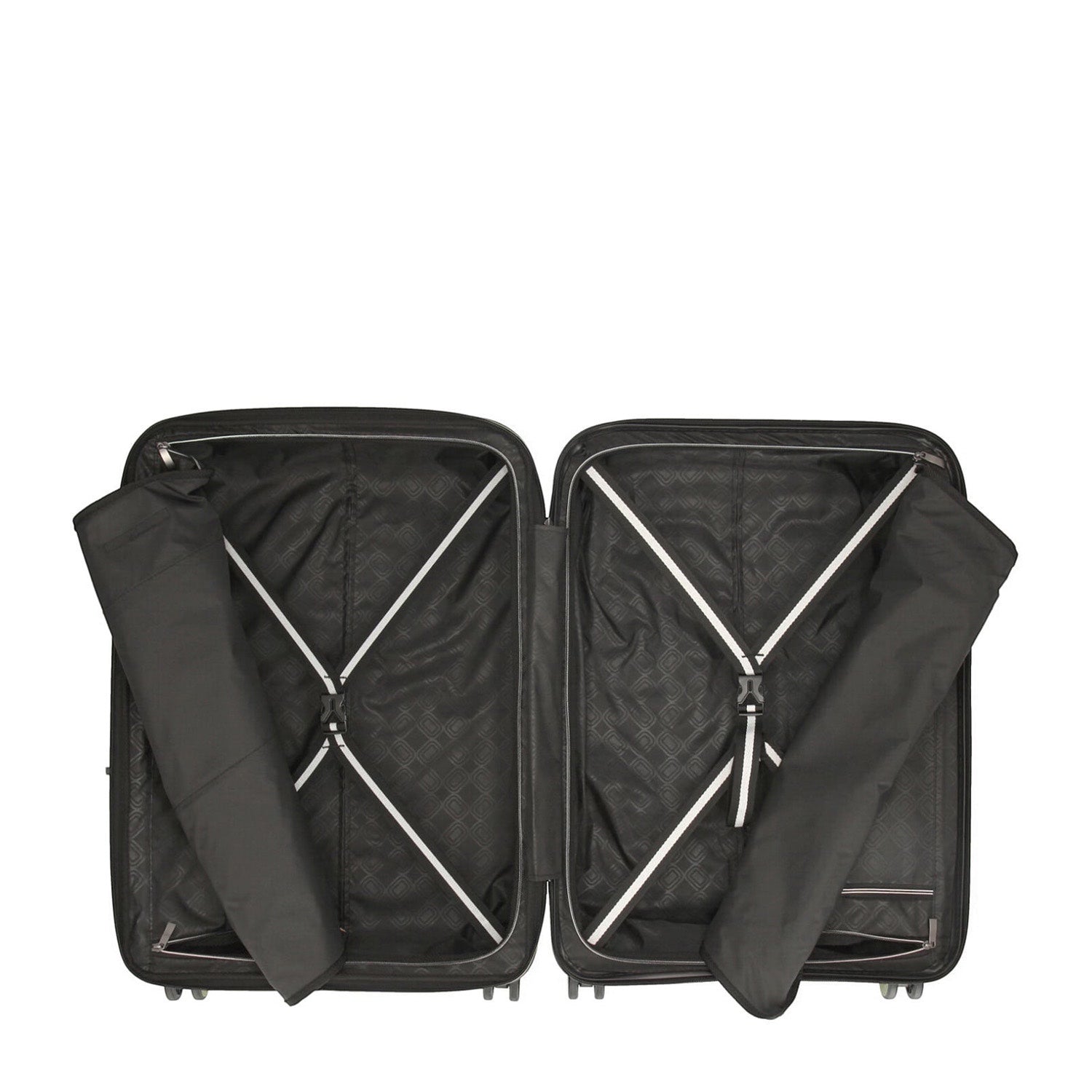 Lieblingstasche Mogens 4W Trolley M open, showing black interior with patterned lining, cross straps, and zippered compartments.