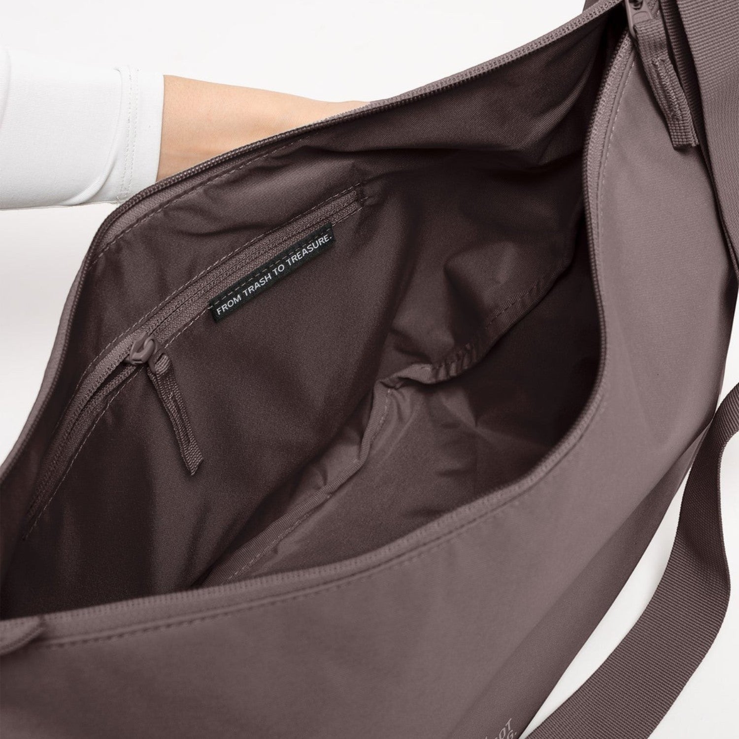 Lieblingstasche Moon Bag Large in dark taupe with a zippered interior pocket and recycled fabric lining