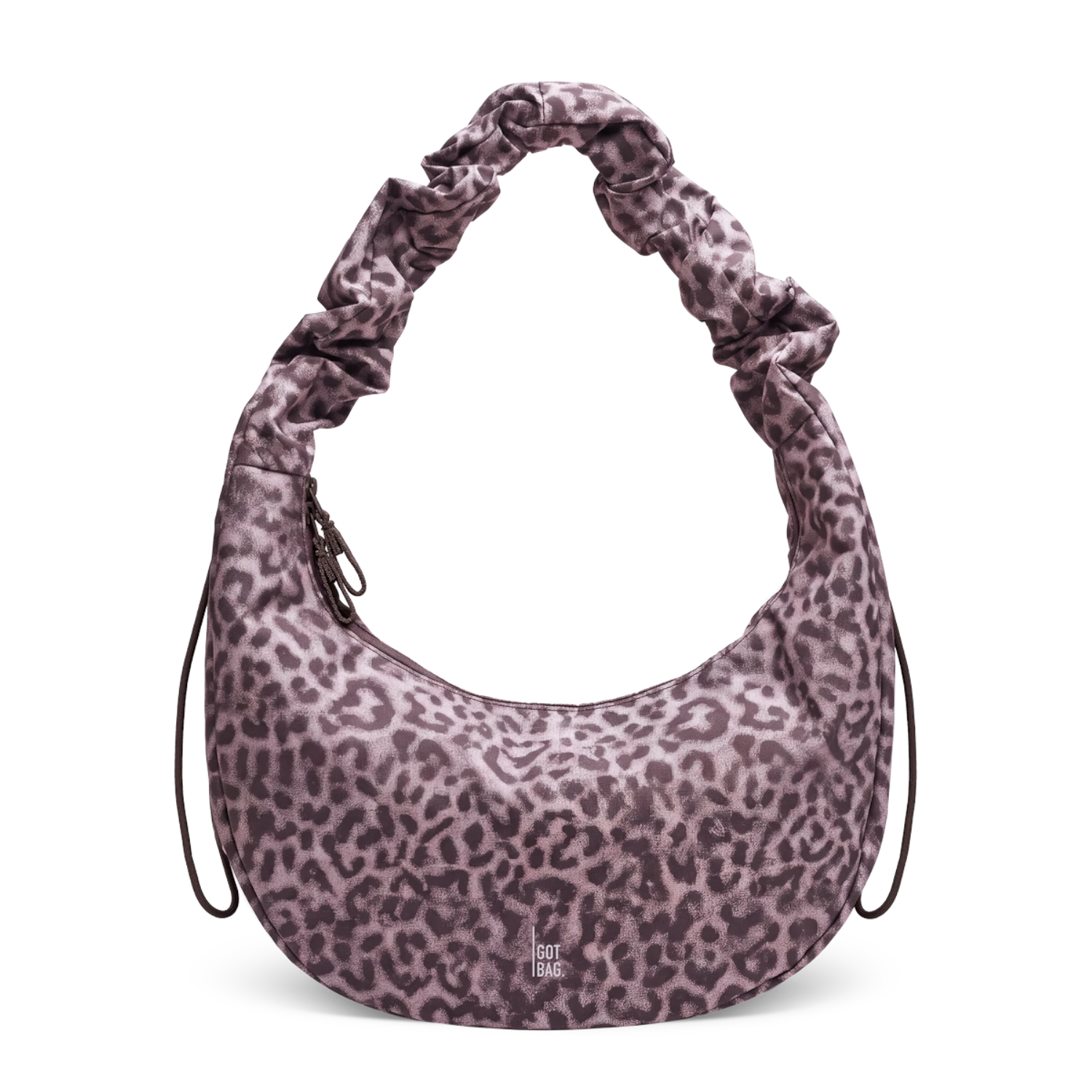 Lieblingstasche Moon Bag Ruffle in large size with a grey and purple leopard print pattern and gathered shoulder strap
