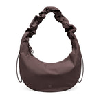 Lieblingstasche Moon Bag Ruffle Large in dark brown with a gathered shoulder strap and crescent moon silhouette.
