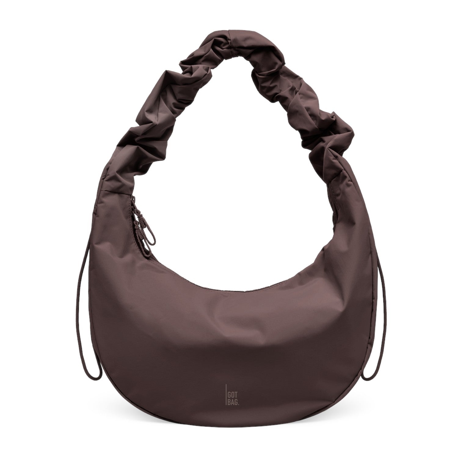 Lieblingstasche Moon Bag Ruffle Large in dark brown with a gathered shoulder strap and crescent moon silhouette.