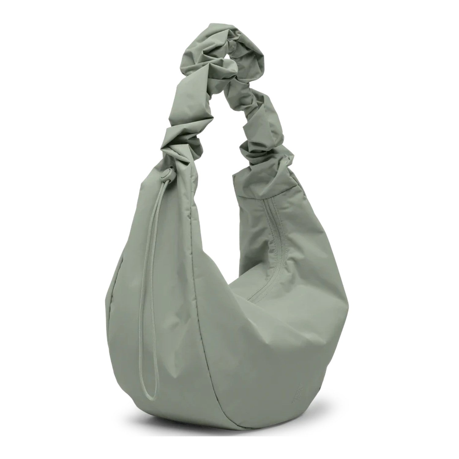 Lieblingstasche Moon Bag Ruffle Large in sage green made from recycled fishing nets with a gathered shoulder strap.