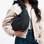 Lieblingstasche Moon Bag Ruffle Large in grey cat shark leopard print with a gathered shoulder strap
