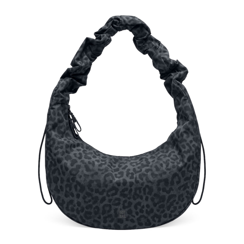 Lieblingstasche Moon Bag Ruffle Large in dark grey leopard print with a gathered shoulder strap