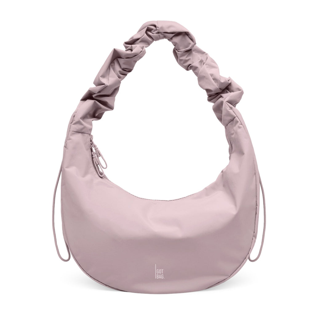 Lieblingstasche Moon Bag Ruffle Large in dusty pink with a gathered scrunchie-style shoulder strap