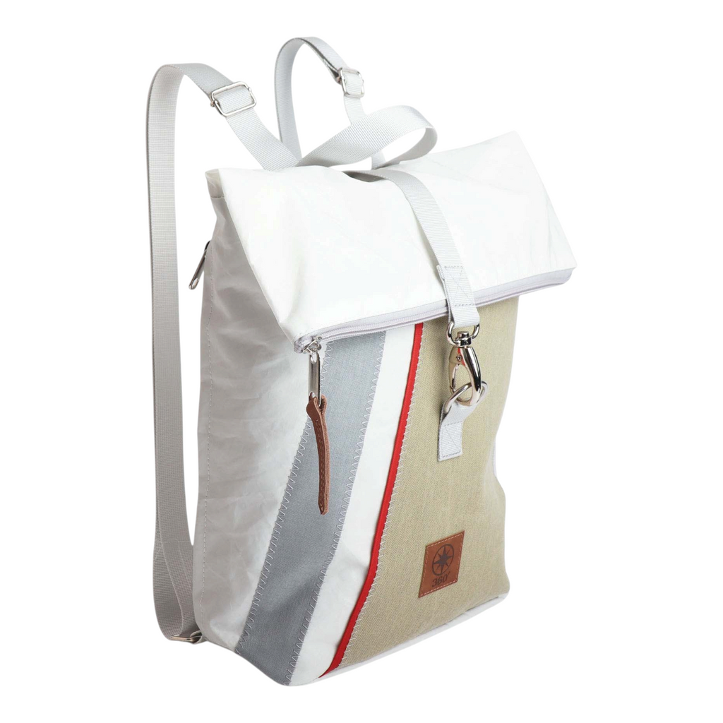 Lieblingstasche Möwe rolltop backpack in white and beige sailcloth with red stripe detail and adjustable straps
