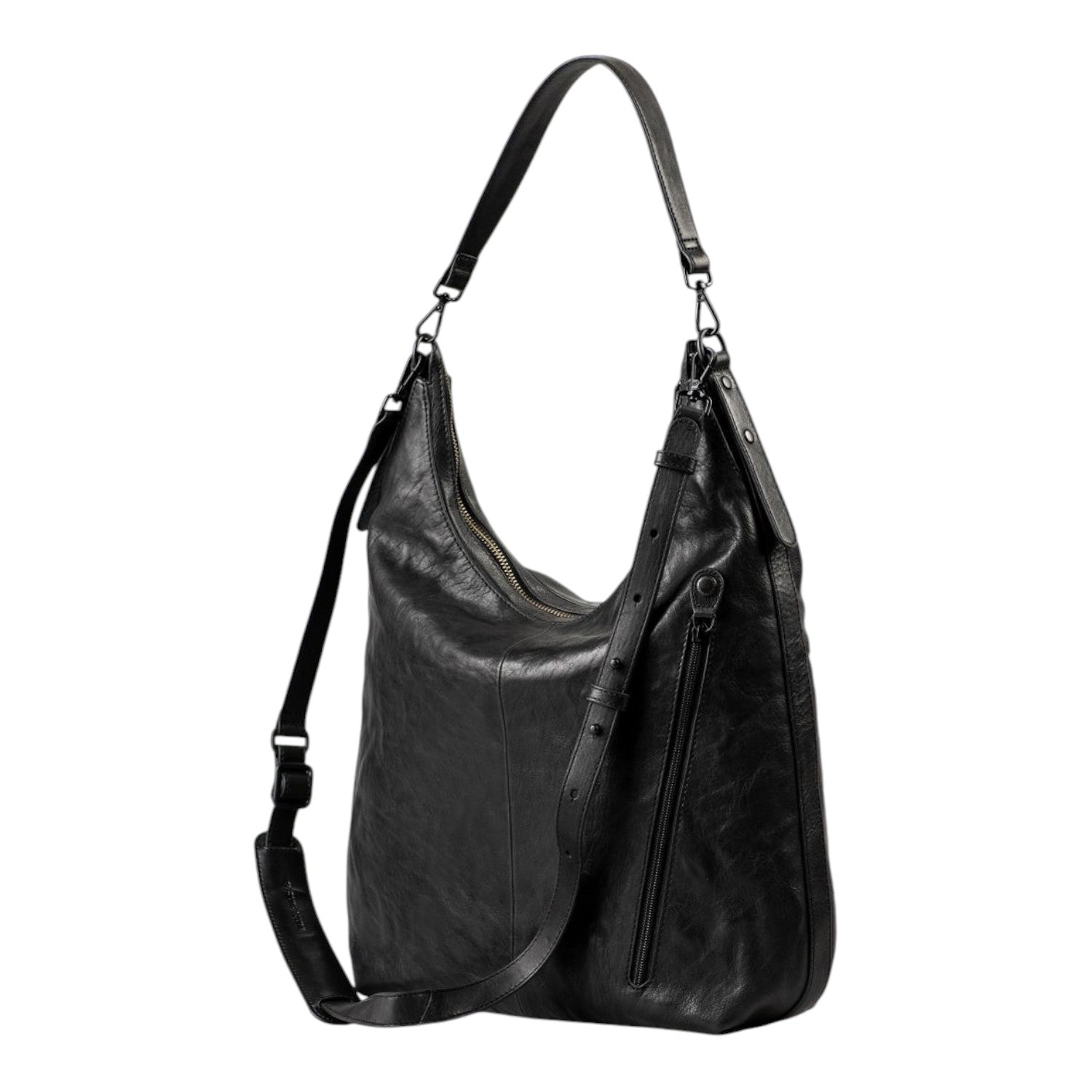Lieblingstasche Mrs. Banoffee Pie black leather hobo bag with adjustable shoulder strap and side zipper detail