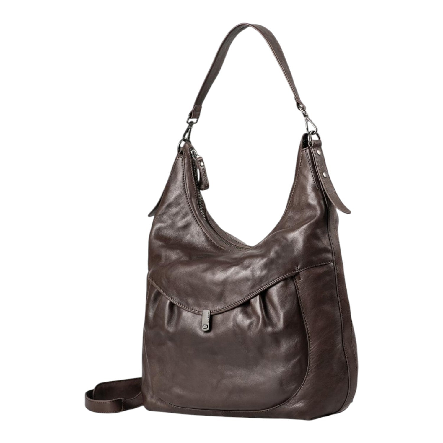 Lieblingstasche Mrs. Banoffee Pie dark brown leather hobo bag with a slouchy design and front flap pocket.